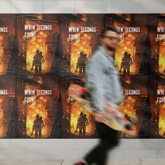 Ein junger Mann mit Skateboard unter dem Arm geht an einer Plakatwand vorrüber, welche das sich vielfach wiederholende Werbemotiv eines heldenhaften Feuerwehrmanns zeigt.