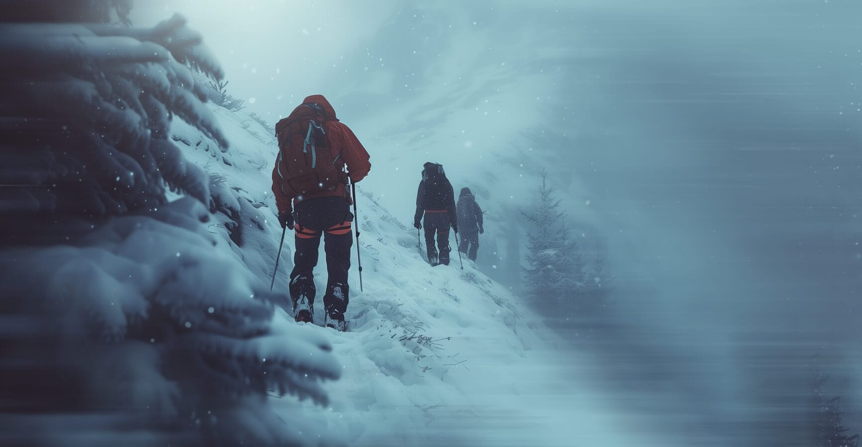 Weiterleitungen vermeiden. Das Bild zeigt ein heftiges Schneegestöber, dass drei winterlich bekleidete Wanderer umhüllt.