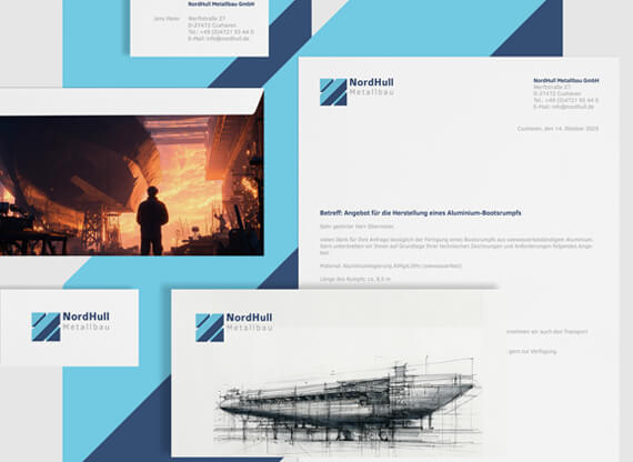 Corporate-Design-Medien einer metallverarbeitenden Industriefirma sind nebeneinander angeordnet und zeigen die fertige Entwicklung eines neuen Corporate Designs.