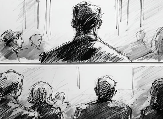 Designkonzepte für Werbekampagnen werden anhand eines Storyboards präsentiert, auf dem ein Manager von hinten zu sehen ist, der vor einer Crowd steht, während die detaillierten Zeichnungen kreative Ideen und strategische Planungen anschaulich vermitteln.