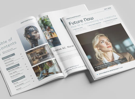 Eine aufgeschlagene Doppelseite eines Magazins für Führungskräfte zeigt Editorialdesign, das den Nutzen generativer KI im Unternehmensumfeld anschaulich und professionell vermittelt.