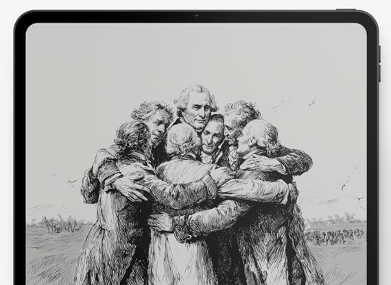 Erstellung-von-Illustrationen-570x416px Die Erstellung von Illustrationen wird durch eine Darstellung auf einem iPad gezeigt, auf der eine Gruppe amerikanischer Gründungsväter sich freudig in den Armen liegt, lebendig und detailreich umgesetzt.