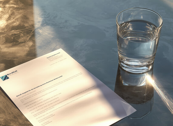 Geschaeftspapiere-570x416px Eine ansprechend gestaltete Geschäftspapierseite eines Industrieunternehmens aus der metallverarbeitenden Industrie auf einem Marmortisch neben einem Glas Mineralwasser.