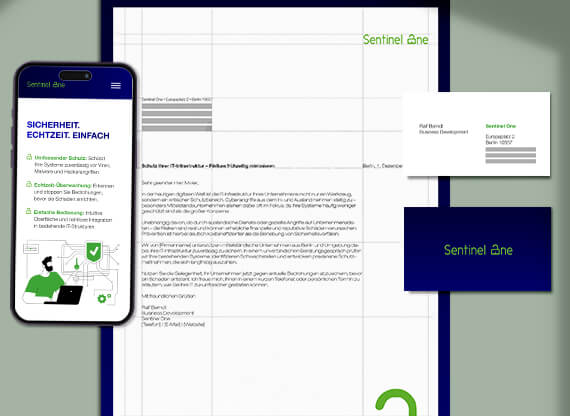 Das Grafikdesign für Start-ups in München wird durch ein Corporate Design präsentiert, das eine Website, doppelseitige Visitenkarten und Briefpapier umfasst und die Marke professionell und einheitlich visualisiert.