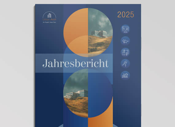 Die Titelseite präsentiert das Layout von Jahresberichten und vermittelt durch klare Struktur, ansprechendes Design und professionelle Typografie einen ersten Eindruck von Seriosität und Übersichtlichkeit.