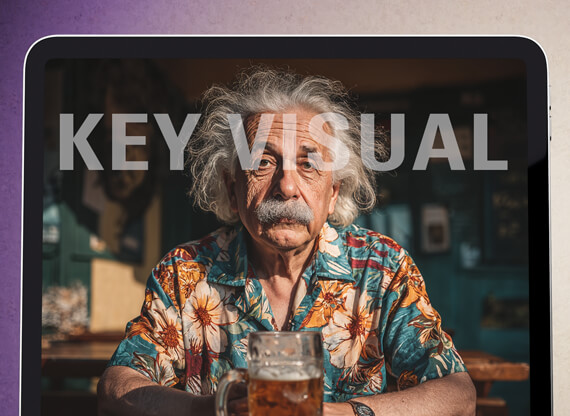 Die Gestaltung von Key Visuals für Marketingaktionen zeigt ein aufmerksamkeitsstarkes Layout mit Albert Einstein, der vor einem halben Bier posiert, und verbindet auf humorvolle Weise Persönlichkeit mit werblicher Botschaft.