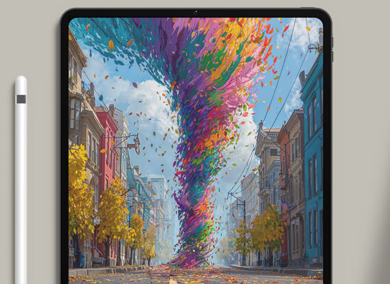 Die Concept Art wird als bunter Wirbelwind auf einem iPad dargestellt und zeigt auf kreative Weise die lebendige, dynamische Umsetzung der Idee.