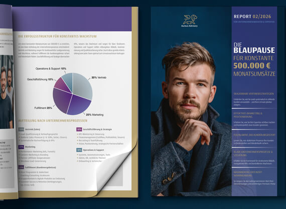 Die Erstellung von Kundenreports wird durch einen aufgeschlagenen Report dargestellt, der detaillierte Insights und Case-Studys übersichtlich präsentiert.