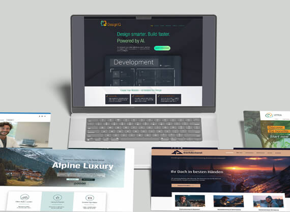 Kreative Landingpages werden auf verschiedenen Screens präsentiert, wobei jedes Design durch ansprechende Farben, klare Strukturen und intuitive Benutzerführung überzeugt.