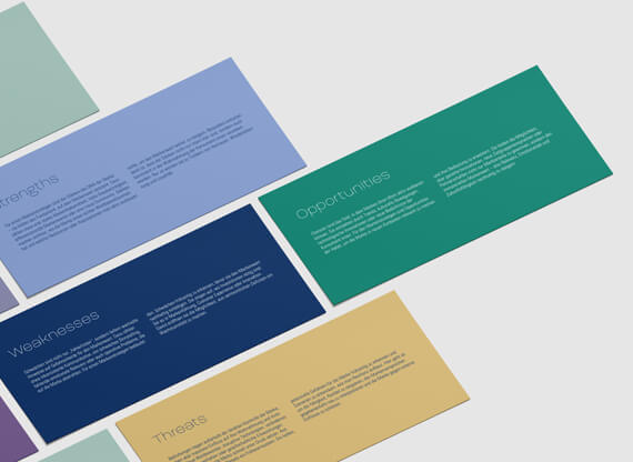 Die Durchführung einer Markenanalyse wird auf mehreren nebeneinander dargestellten Screens präsentiert, wobei die verschiedenen Auswertungen und Insights übersichtlich und anschaulich visualisiert sind.