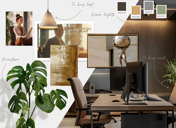 Die Moodboard-Erstellung für Markenentwicklung wird in einem Büro präsentiert, wobei verschiedene Designelemente, Farbschemata und Bildideen anschaulich angeordnet sind, um die kreative Ausrichtung der Marke zu visualisieren.