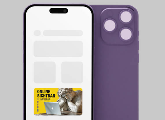 Onlinewerbung wird als auffallender Scrollstopper in einem Webdesign-Layout präsentiert, der sofort sichtbar ist, Aufmerksamkeit erzeugt und seine Wirkung messbar macht.