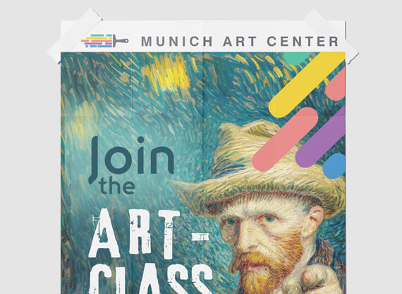 Plakatdesign-570x416px Ein Plakatdesign für Veranstaltungen zeigt ein Van-Gogh-Motiv, das den Betrachter auffordert, die Kunstklasse zu besuchen, und durch lebendige Farben sowie künstlerische Gestaltung sofort ins Auge fällt.