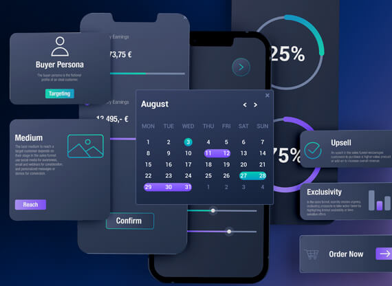 Sales-Funnel-Design-570x416px Ein Sales-Funnel-Design wird auf übereinandergelagerten Screens präsentiert, wobei die unterschiedlichen Stufen des Vertriebsprozesses klar visualisiert sind und durch das moderne Layout die Struktur und Effizienz des Marketings anschaulich vermittelt werden.