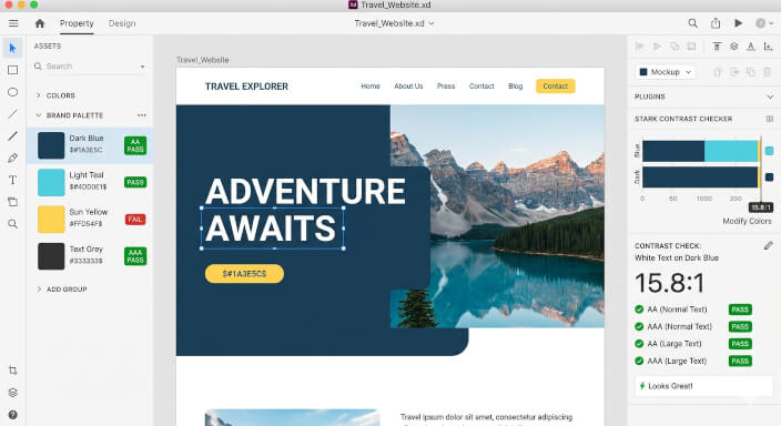 Screenshot aus Adobe XD mit eingeblendetem Kontrast-Plugin. Markiert ist eine Farbgruppe samt zugehörigem „Barrierefrei-Check“. Farbwerte werden nicht nach Bauchgefühl angepasst, sondern anhand präziser Kontrastberechnungen optimiert. Damit modernes Webdesign nicht nur hochwertig aussieht, sondern auch den Anforderungen an die digitale Barrierefreiheit entspricht.