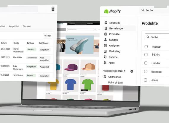 Shopify-Shopdesign-570x416px Das Shopify-Shopdesign eines Designshops wird auf einem Laptop gezeigt, mit darüberliegenden Fenstern für Backup und aktuelle Bestellungen.