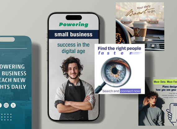 Aufmerksamkeitsstarke Social-Media-Grafiken für verschiedene Anlässe sind nebeneinander angeordnet und zeigen kreative, farbenfrohe Designs, die sofort ins Auge fallen.