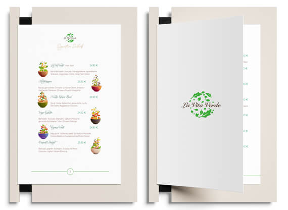 Ein wertiges Speisekartendesign präsentiert eine bunte Auswahl an Salaten in modernem, ansprechendem Layout und weckt durch seine ästhetische Gestaltung Appetit sowie Lust auf Bestellungen.