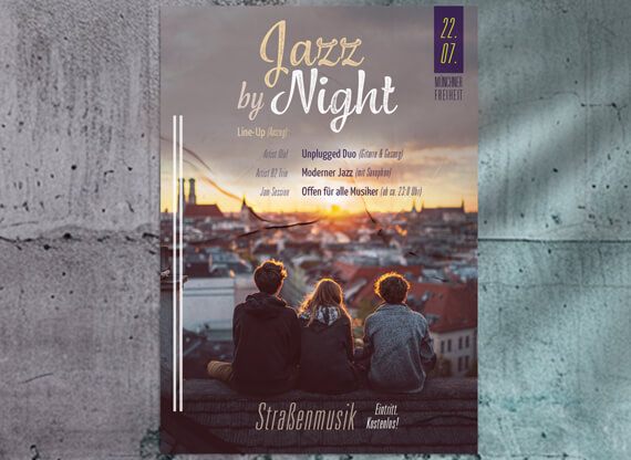 Ein Plakat für eine Veranstaltungswerbung in München zeigt eindrucksvoll ein abendliches Jazz-Konzert und Straßenfest, mit lebendigen Farben und stimmungsvollen Illustrationen, die die Atmosphäre des Events einfangen.