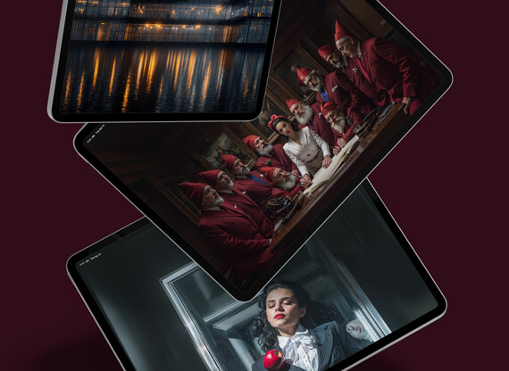 Visual Storytelling für Marken wird auf drei verschiedenen Tabletbildschirmen präsentiert, die das Thema Schneewittchen im Unternehmenskontext auf kreative Weise interpretieren und so Geschichten, Werte und Botschaften der Marke lebendig vermitteln.