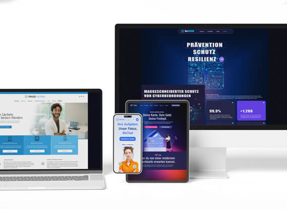 Modernes Webdesign wird auf verschiedenen Endgeräten wie Laptop, Tablet und Smartphone präsentiert, wodurch die responsive Gestaltung und die Benutzerfreundlichkeit über unterschiedliche Bildschirmgrößen hinweg eindrucksvoll zur Geltung kommen.