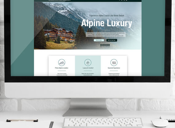 Website-Design-570x416px Das Website-Design eines Wellnesshotels in den bayerischen Alpen wird auf einem 24-Zoll-iMac präsentiert, der auf einem weißen Büroschreibtisch steht, und vermittelt durch seine ansprechende Gestaltung Ruhe, Luxus und alpines Flair.
