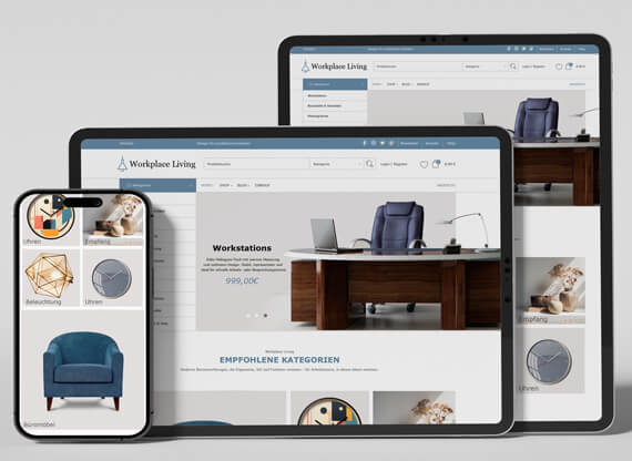 Woocommerce-Shopdesign-570x416px Das Woocommerce-Webdesign wird auf drei verschiedenen Gerätekategorien dargestellt, sodass die Anpassungsfähigkeit und das responsive Layout der Website auf unterschiedlichen Bildschirmgrößen anschaulich präsentiert werden.
