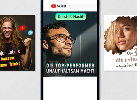 YouTube-Thumbnail-570x416px Drei aufmerksamkeitsstarke YouTube-Thumbnails sind nebeneinander angeordnet und kombinieren kreativ Bild und Text für unterschiedliche Zielgruppen.