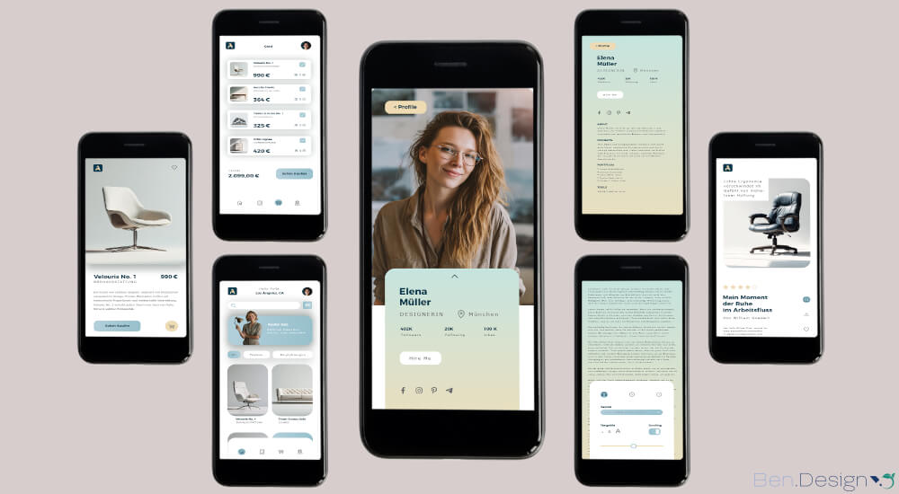 Eine kuratierte Auswahl einzelner App-Screens, die Einblicke in Designerprofile, ihre gestalterischen Ansätze sowie begleitendes Storytelling und Hintergrundinformationen geben und nahtlos in ein Shop-Erlebnis integriert wurden.