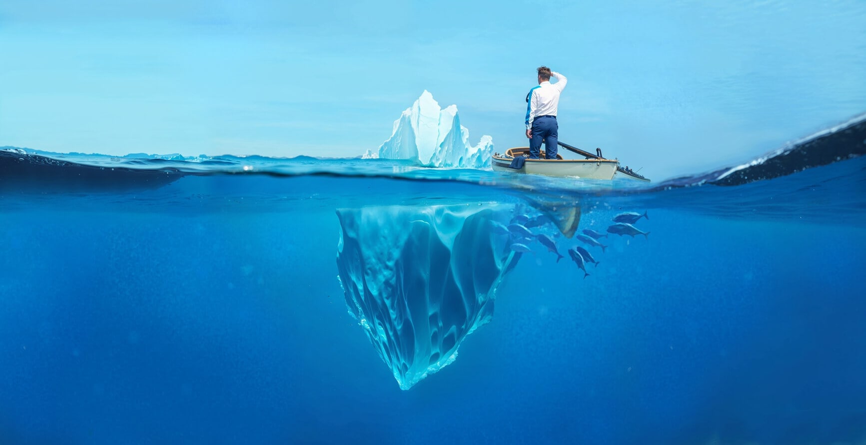 Ein Mann auf einem Ruderboot sichtet die Spitze eines Eisbergs. Er fragt sich wer besser geeignet ist, wenn es Website gegen Theme heisst?