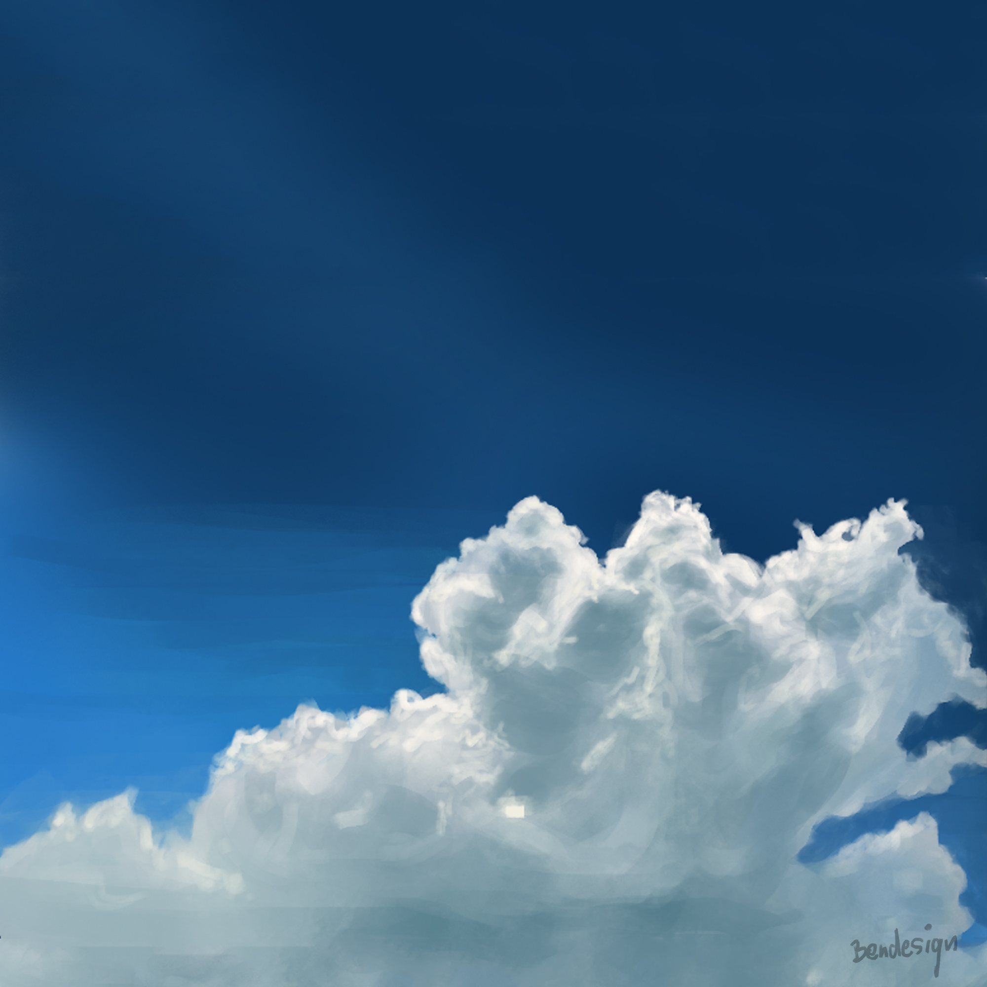 Die Spitze sich auftürmender und überschlagender weißer Cumuluswolken vor einem blauen Himmel, der ins dunkle Weltall übergeht. Gemalt von Stephan Bender.