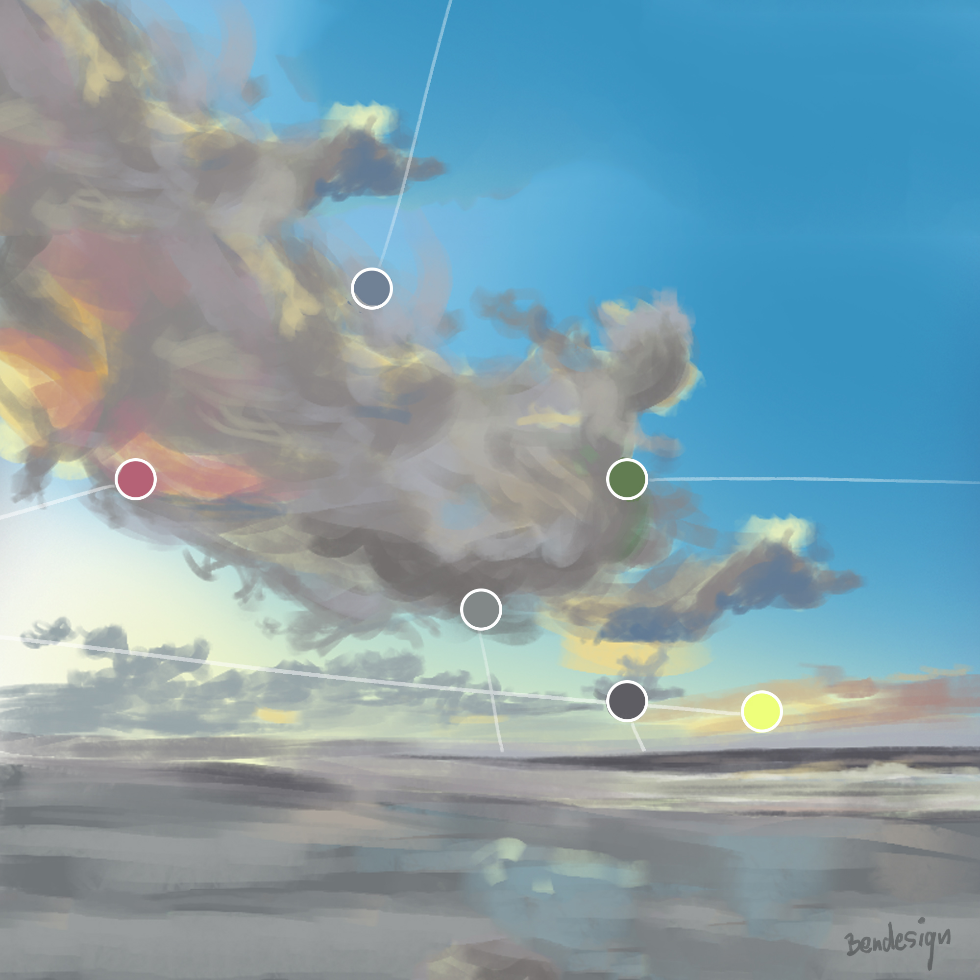 Von wärmenden Sonnenstrahlen der aufgehenden Sonne angestrahlte Wolkenfetzen, die über einen Strand fliegen. Besonders markiert sind einige Wolkenfarben.
