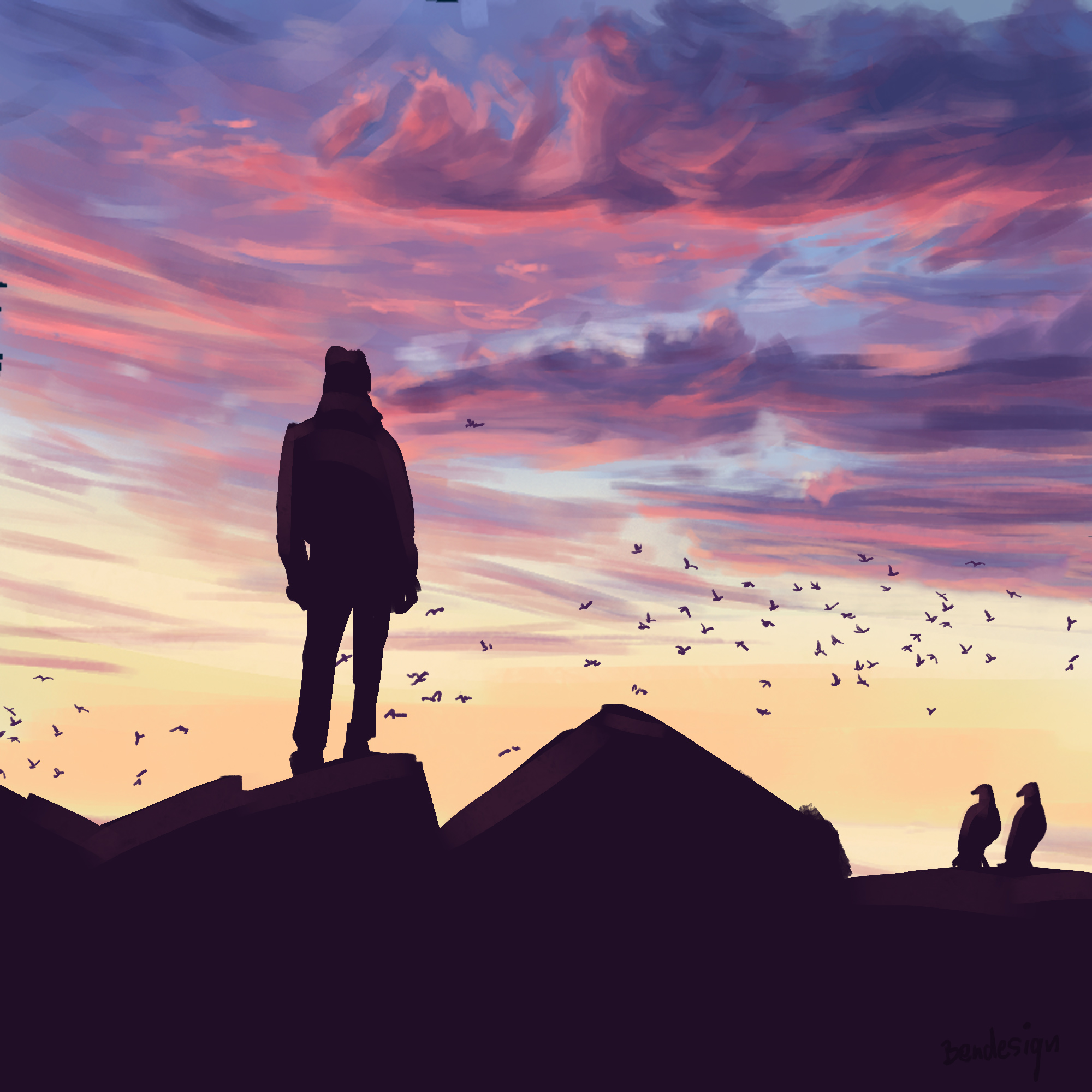 Die Silhouette eines Mannes blickt auf einen Vogelschwarm, der vor den sanften lila Wolken eines Sonnenuntergangs davonfliegt. Gemalt von Stephan Bender.