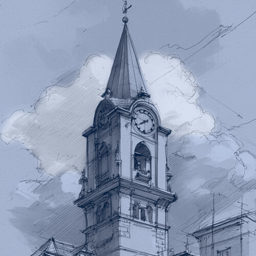 bendesign-erklaerfilm-1-fokus Eine Münchner Kirchturmuhr, die über der Stadt trohnt und die Uhrzeit anzeigt.