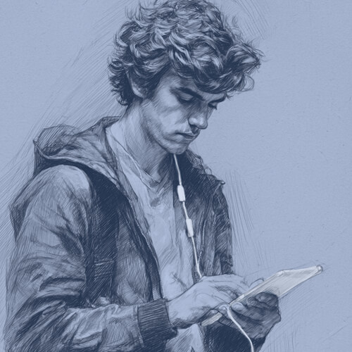 bendesign-erklaerfilm-2-aufmerksamkeit Eine Zeichnung von einem jungen mann, der Kopfhörer trägt und auf ein Smartphone in seinen Händen herabblickt.