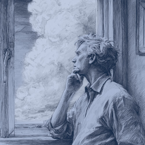 bendesign-erklaerfilm-2-klarheit Eine Zeichnung von einem Manager, der sein Kinn auf die Hand stützt und am Fenster steht und den vorbeifliegenden Wolken nachsieht.