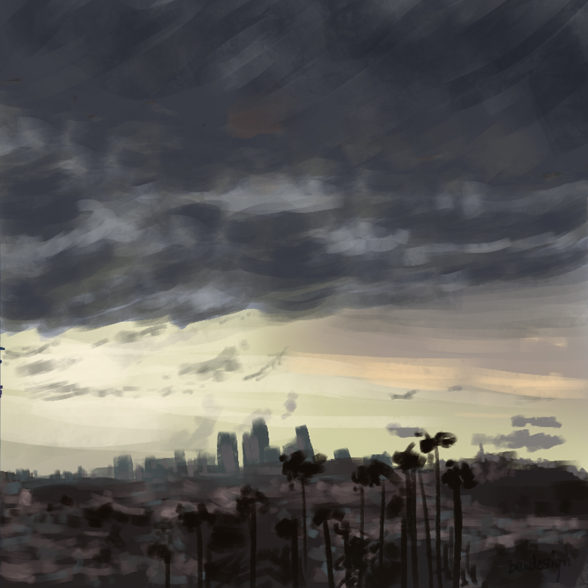 Los Angeles aus der Ferne, angedeutete Palmen und eine dramatische Lichtstimmung. Blasses Sonnenlicht und dramatische Sturmwolken überfliegen die Stadt. Gemalt von Stephan Bender.