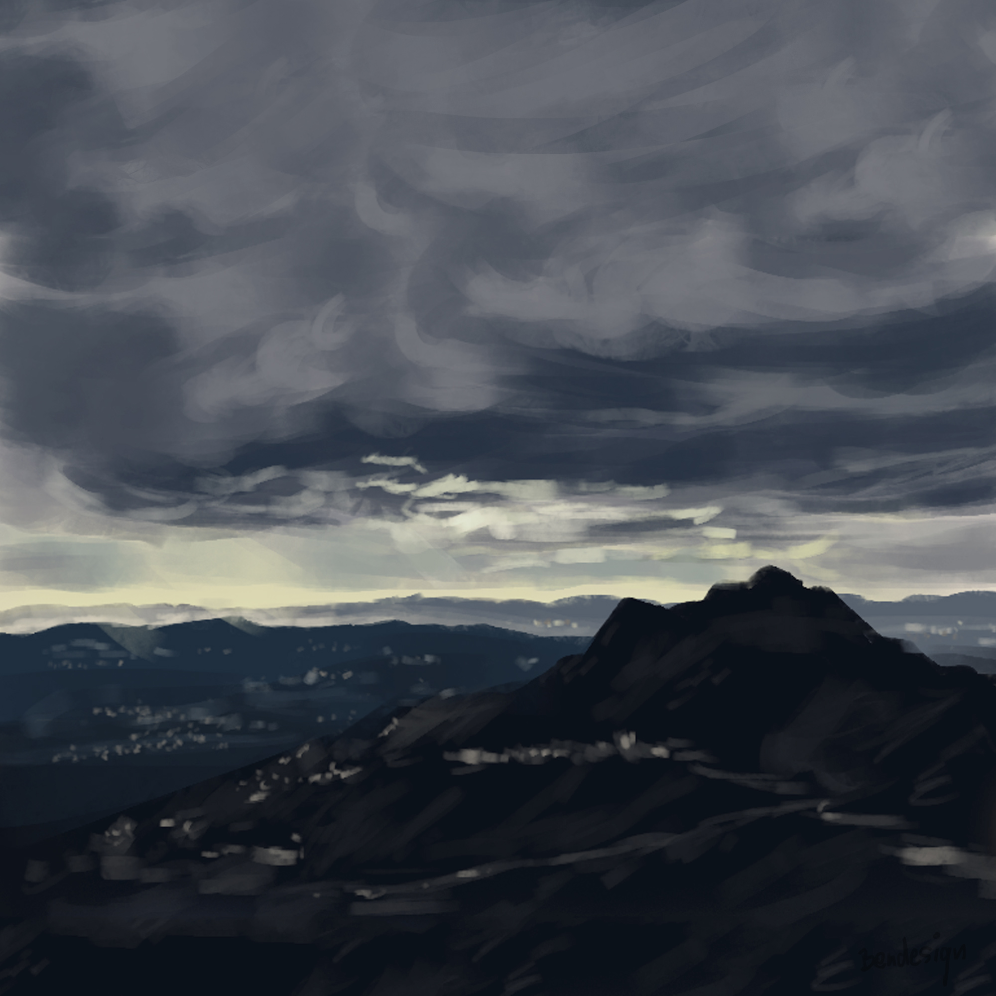 Illuminierte Häuser auf einer Bergkette. Am Horizont das blasse Licht der letzten Abendsonne. Darüber dunkle Gewitterwolken. Gemalt von Stephan Bender