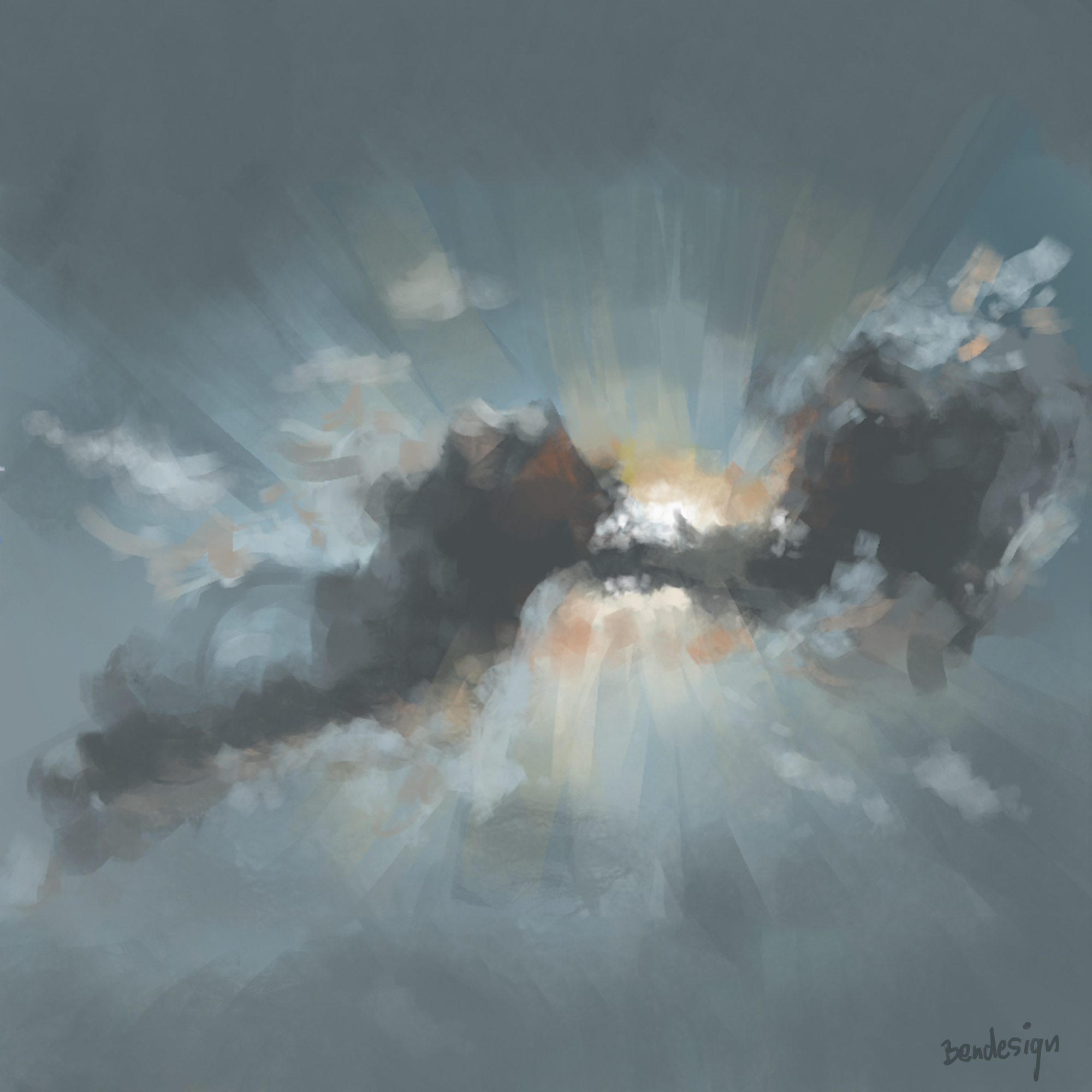 Licht bricht hinter einer dunkel Wolke hervor. Die Sonne wird gerade sichtbar. Lichtstrahlen durchdringen die Dunkelheit. Gemalt von Stephan Bender.