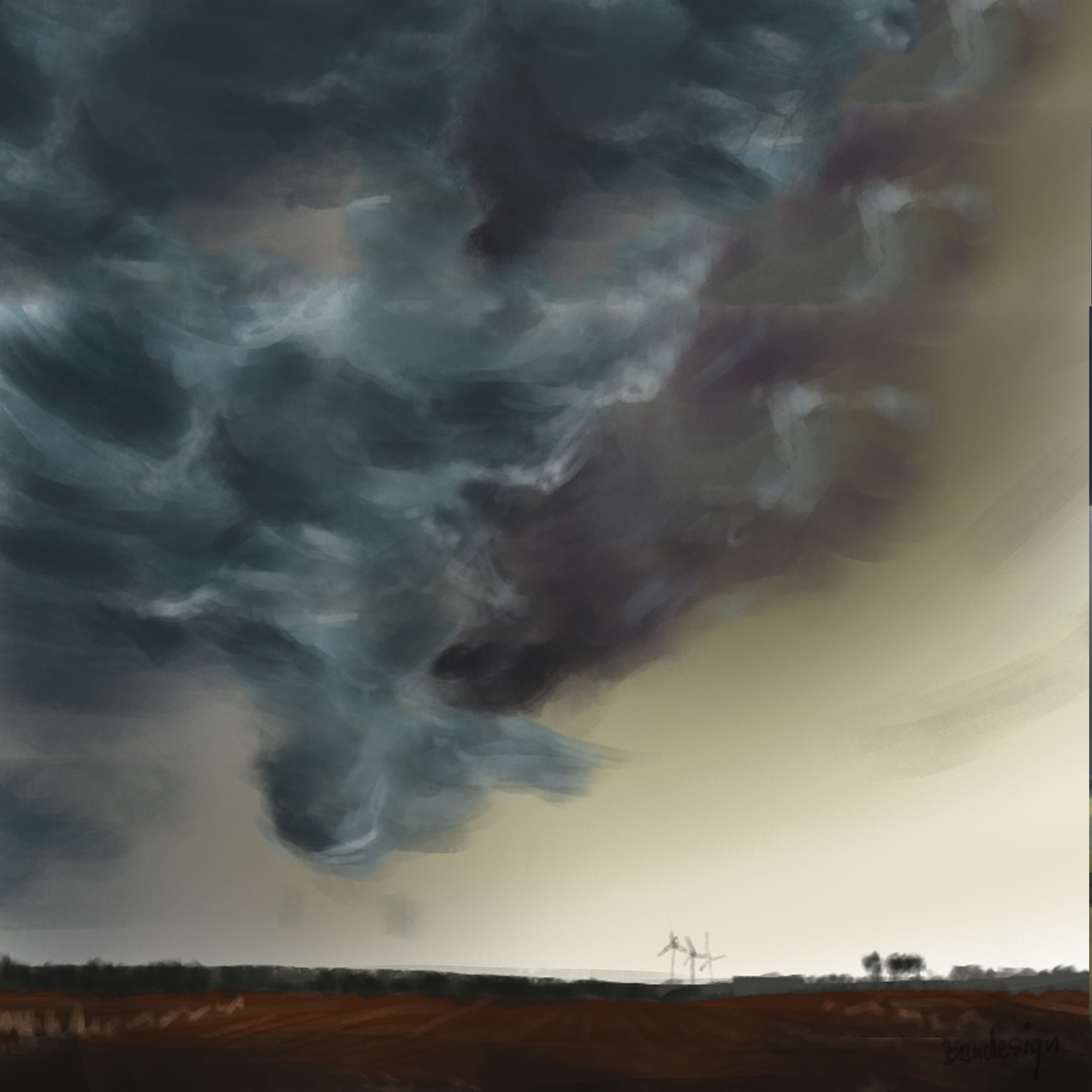 Dramatische Sturmwolken tanzen am Himmel über einer trockenen Landschaft und verdrängen das sanfte Sonnenlicht aus dem Bild. Gemalt von Stephan Bender.