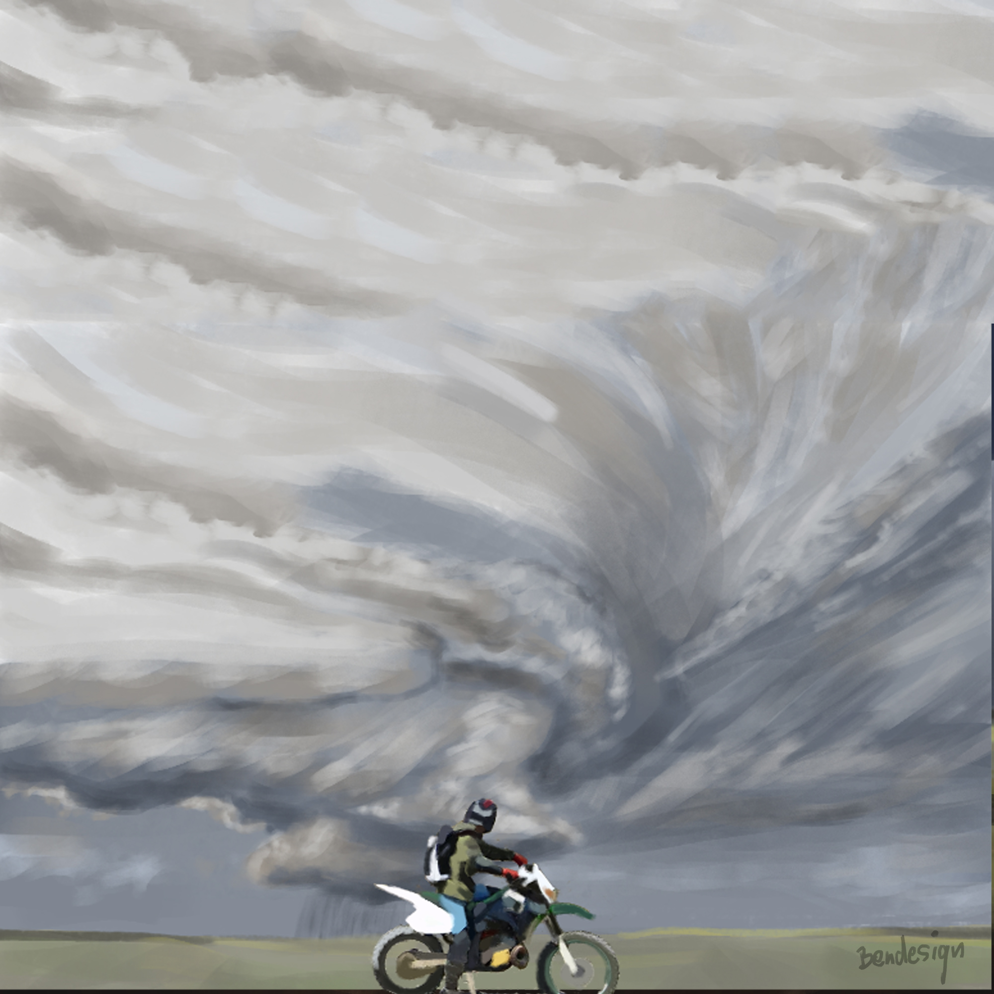 Am Horizont türmt sich der Strudel einer Tornado Supernova auf. Im Vordergrund sieht sich ein Motorradfahrer das Naturschauspiel an. Gemalt von Stephan Bender