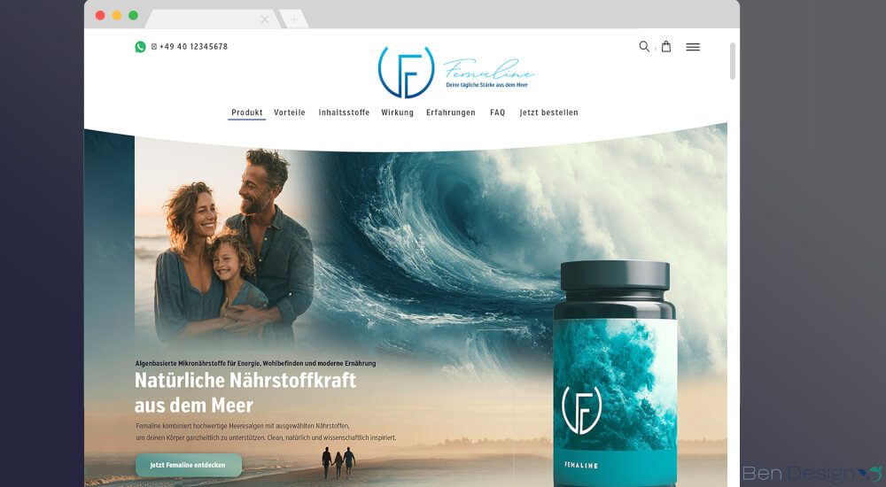Der Hero-Bereich ist oberhalb der Falz („above the fold“) positioniert und kombiniert eine emotionale Bildkomposition mit Headline, Fließtext sowie einem CTA-Button, der zum Ausprobieren des Produkts einlädt.