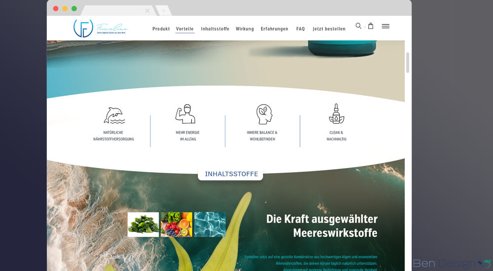 Beim weiteren Scrollen oder über die Sprungmarken, die den Nutzer direkt zur entsprechenden Stelle führen, werden die Produktvorteile übersichtlich mithilfe von Icons und kurzen Beschreibungen präsentiert. Bei Interesse lassen sich die Inhalte durch Klicks vertiefen, wobei zusätzliche Informationen auf verlinkten Unterseiten bereitgestellt werden.