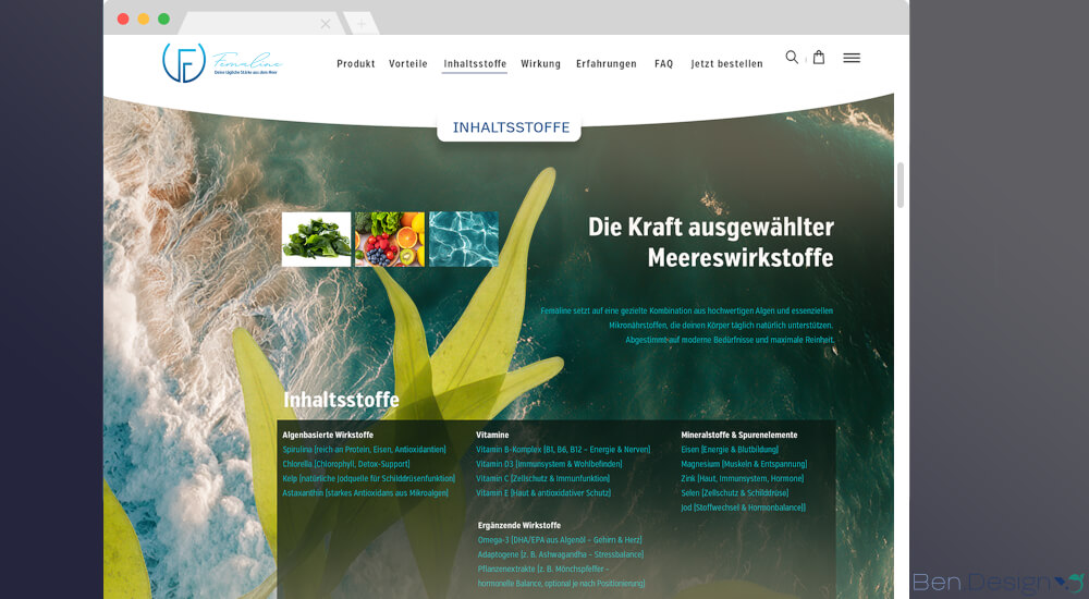 Die Inhaltsstoffe und ihre Vorteile werden transparent aufgeführt und durch emotionale Bildwelten visuell unterstützt.
