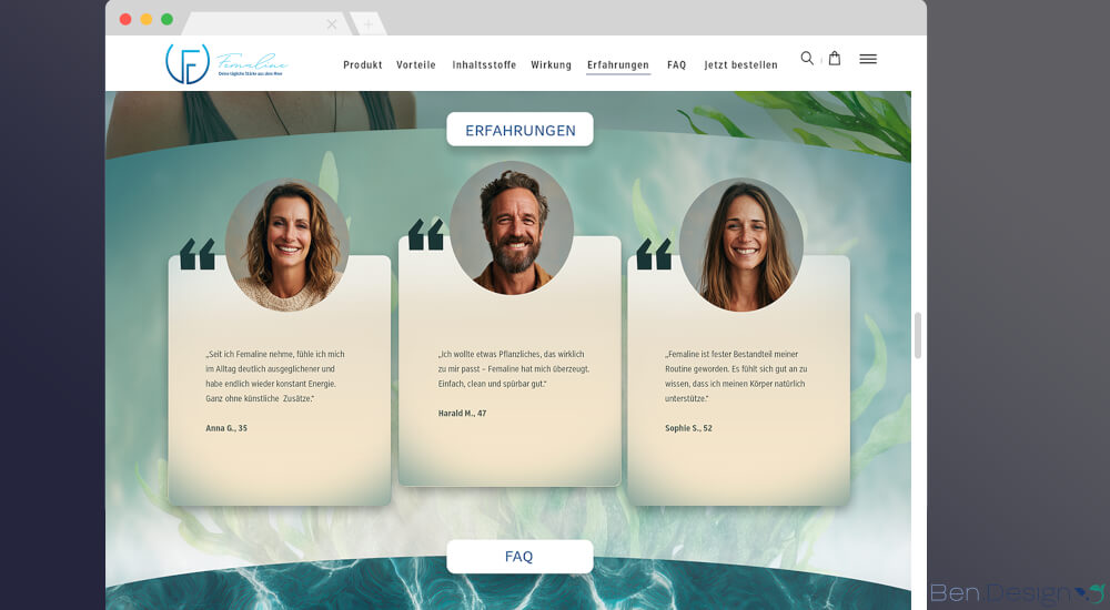 Ein Testimonial-Bereich präsentiert Erfahrungsberichte und trägt innerhalb des Onepager-Webdesigns zum Aufbau zusätzlichen Vertrauens bei. Die Beiträge werden in einem Slidersystem angezeigt, das die Inhalte rotieren lässt und schrittweise durch UCC-Videos ergänzt wird.