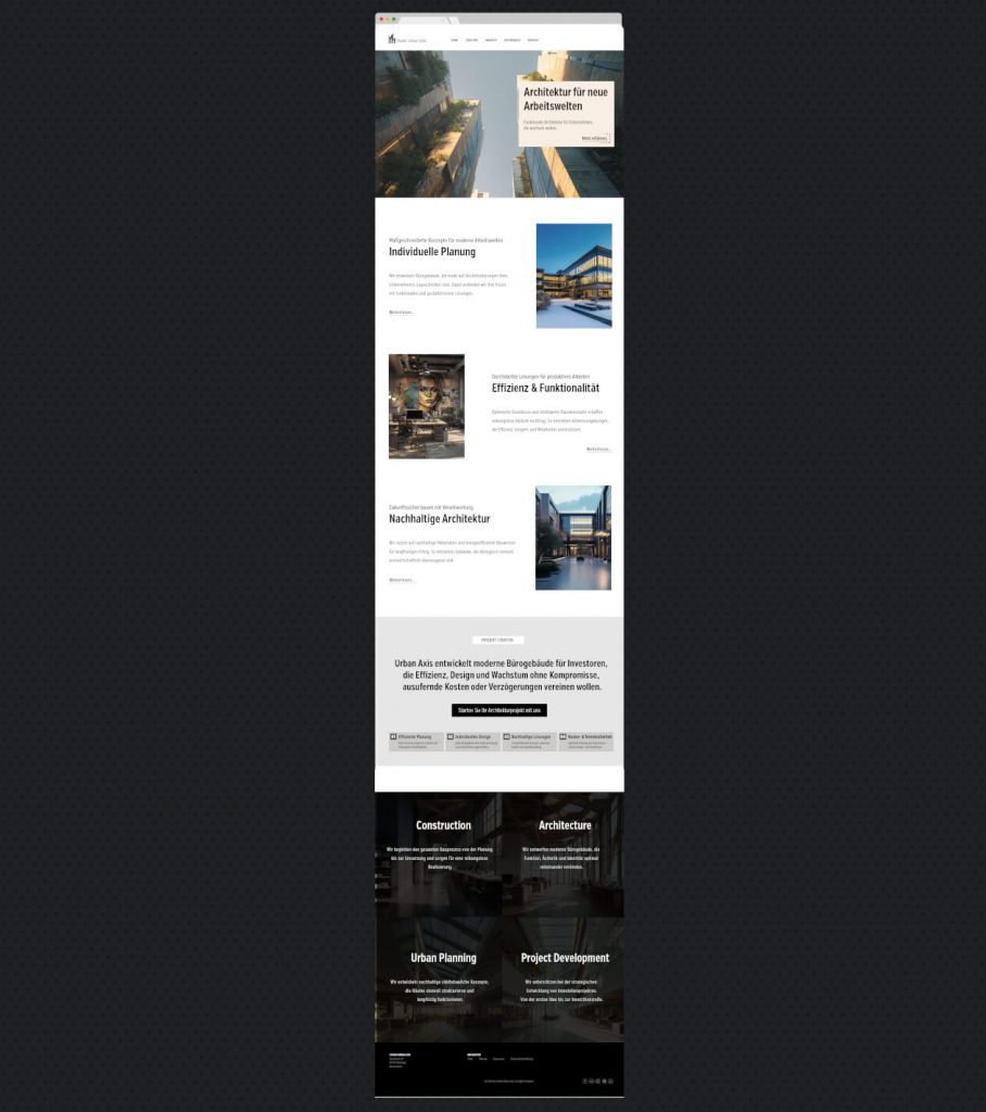 Die Website nach der Umstellung: Der charakteristische Stil blieb vollständig erhalten, wurde jedoch um starke Kontraste und klar definierte Fokuslinien ergänzt. Statt die Typografie schlicht auf reines Schwarz umzustellen, was häufig zu hart und technisch wirkt kam ein tiefes, warmes Anthrazit zum Einsatz. Das Ergebnis: Der Kontrastwert verbesserte sich von kritischen 2,1:1 auf barrierefreie 5,2:1. Die visuelle Eleganz blieb bestehen, während die Lesbarkeit deutlich gesteigert wurde.