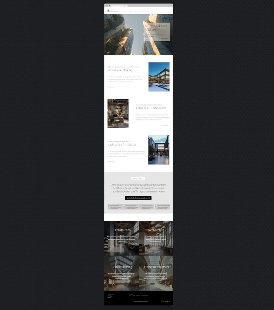 Die Website des Architekturbüros folgt einer konsequent puristischen Designsprache: extrem feine, hellgraue Typografie auf weißem Hintergrund, unsichtbare Buttons in Form reiner Textlinks sowie Portfolio-Bilder ohne erläuternde Beschriftungen. Die starke Fokussierung auf Ästhetik ging jedoch zulasten der Nutzbarkeit. Auf einem iPad bei Tageslicht war die Seite kaum lesbar und nur eingeschränkt bedienbar. Gleichzeitig konnten Screenreader zahlreiche Bildinhalte nicht sinnvoll interpretieren, da alternative Beschreibungen fehlten. Damit entstand nicht nur ein UX-Problem, sondern auch ein potenzielles rechtliches Risiko im Hinblick auf die Anforderungen des BFSG 2025.