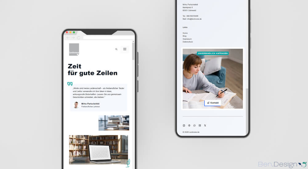 Die mobile Ansicht der Website setzt auf großzügigen Weißraum, damit die Zeilen optimal zur Geltung kommen.