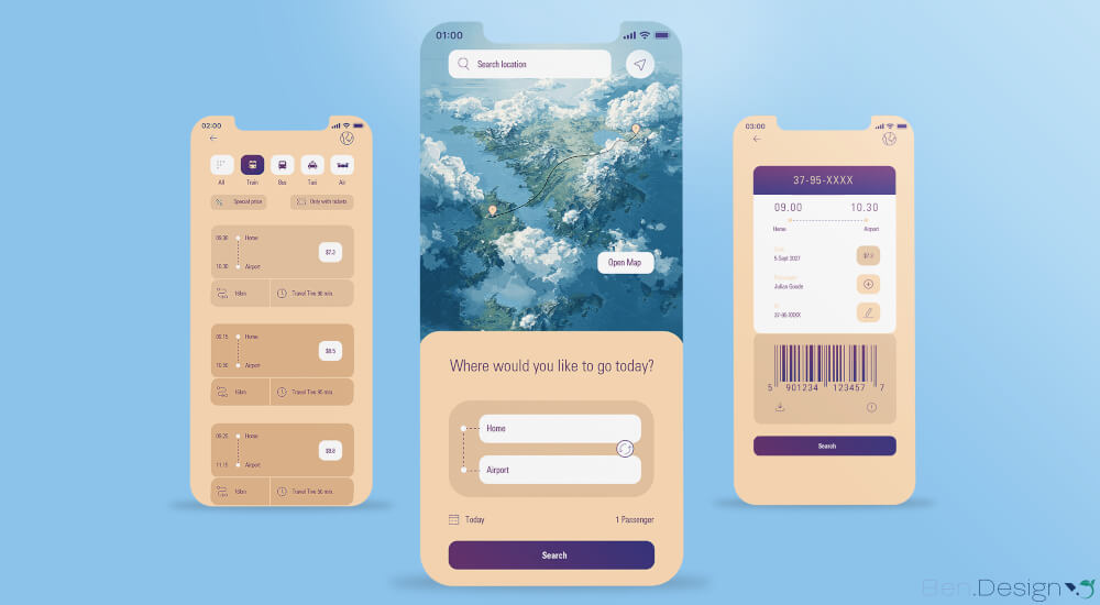 Überblick über drei Screens im neu gestalteten App-Design: Gegenüberstellung möglicher Routenoptionen inklusive Preisvergleich sowie eine Eingabemaske mit integriertem digitalem Buchungspass.