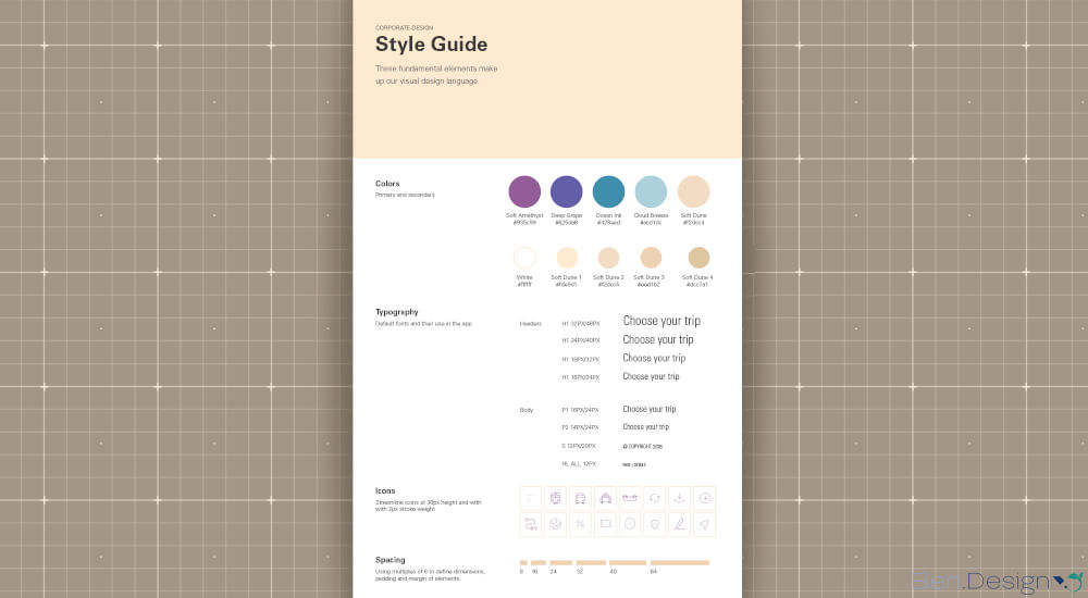 Kompakter Styleguide für die neu entwickelte App mit den definierten Schriftarten, Farbcodes, Abständen und Icons zur weiteren Verwendung.